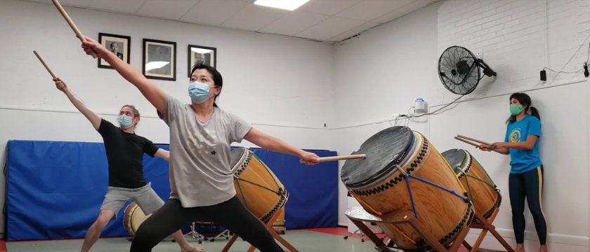 New probationary members, Mutsuko and Nick, learning Matsuri-daiko