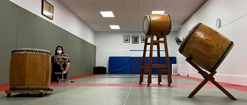 The drums set-up for the trainee's review