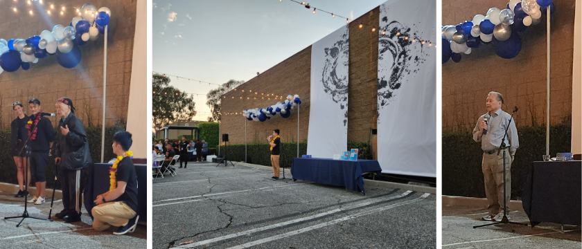 Grandmaster Seiichi Tanaka, Masa Miyano, and Alan Okada speaking at Asano Taiko U.S.'s celebration banquet