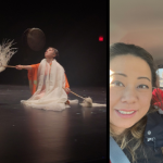 (1) Chieko Kojima borrowing a Soh Daiko jacket, (2) Chieko performing at the final concert, (3) Soh Daiko and Chieko driving to Providence