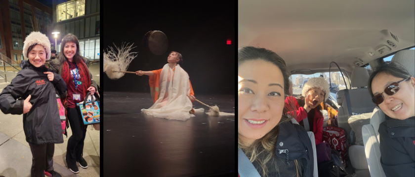 (1) Chieko Kojima borrowing a Soh Daiko jacket, (2) Chieko performing at the final concert, (3) Soh Daiko and Chieko driving to Providence